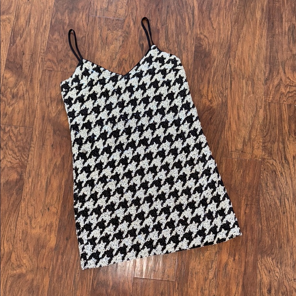 Express Black and White Fitted Camisole Mini Dress checker